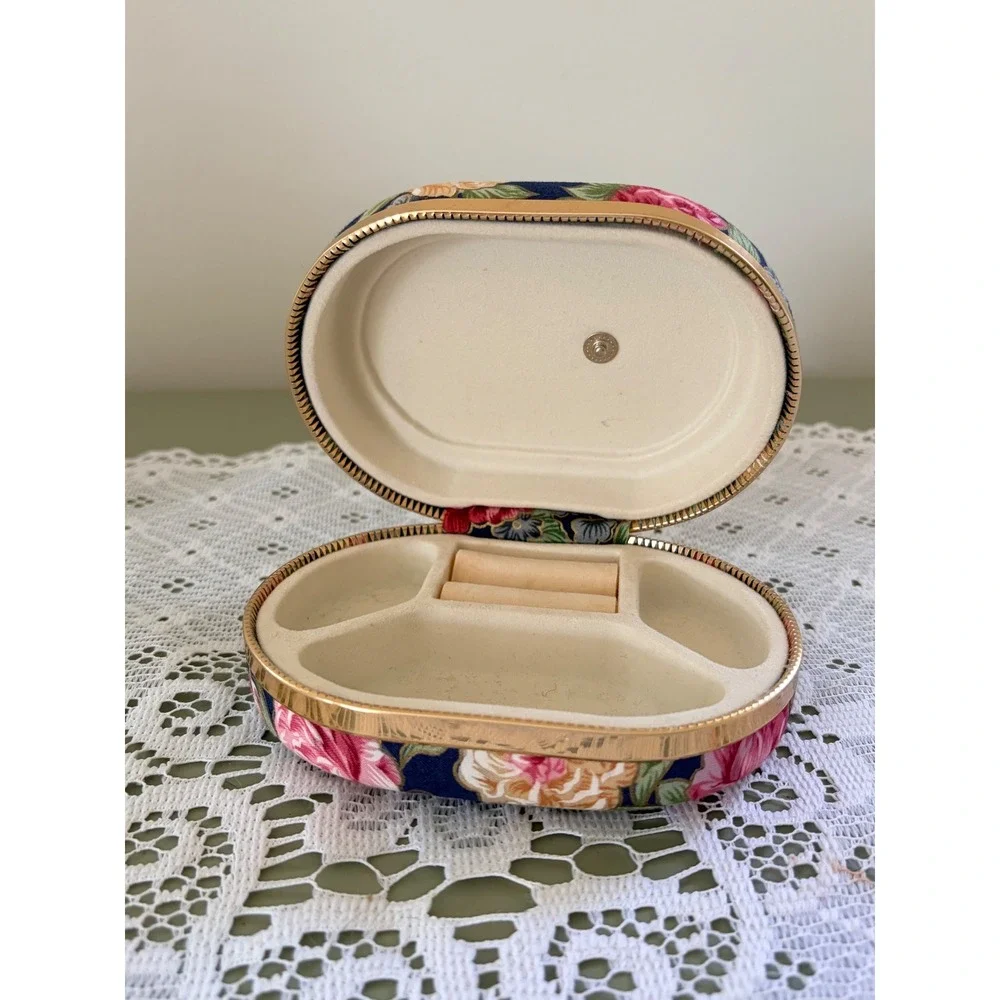 Vintage Floral Chintz Oval Jewelry Box Navy Blue Pink Rose Gold Tone Travel Case